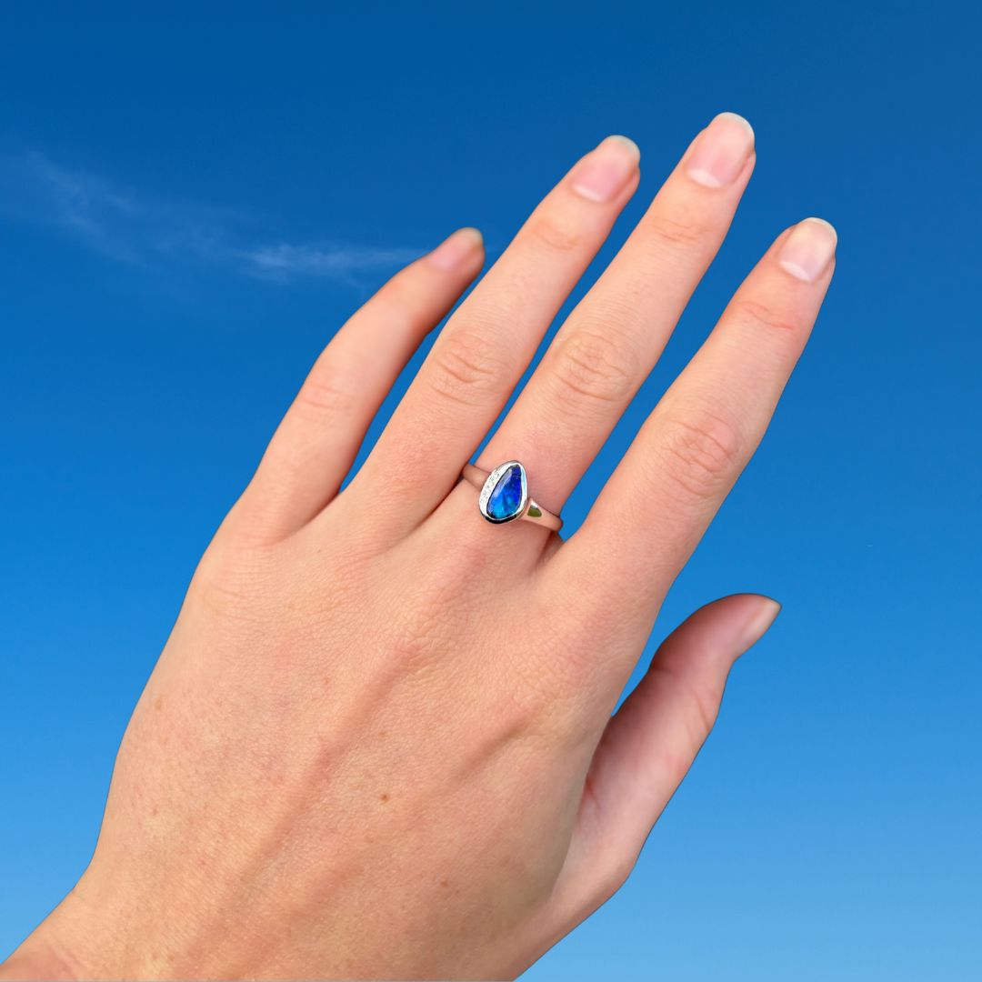 Ink Blue Boulder Opal Ring 017