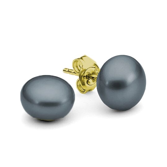 Pair of black pearl earrings with gold posts on a white background | Ikecho Australia