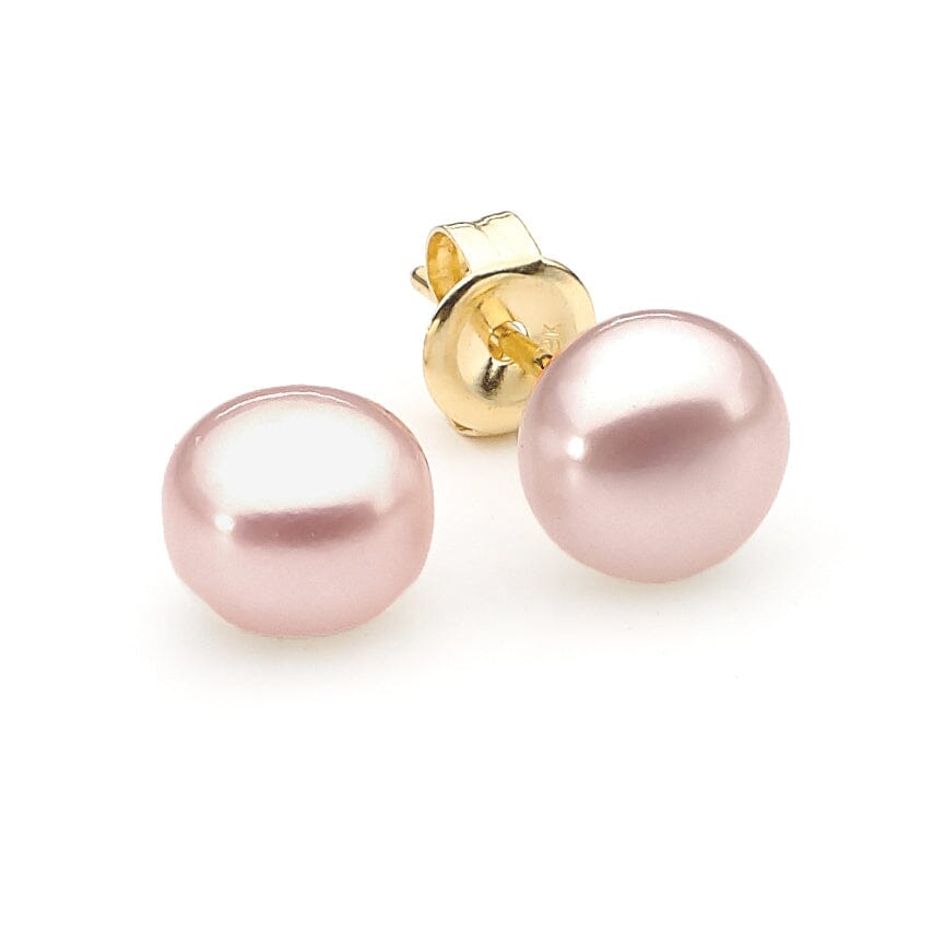 Pink pearl earrings with gold posts on a white background | Ikecho Australia