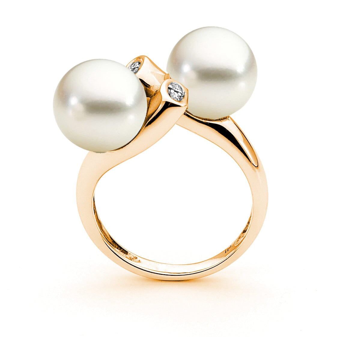 A double pearl diamond ring with two pearl white pearls, set in a gold band with a diamond stud accent | Ikecho Australia