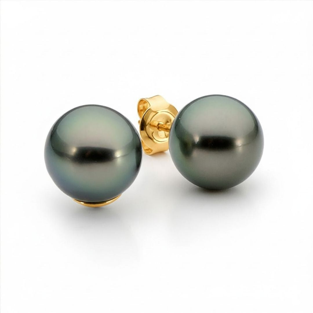 Pair of black Tahitian pearl earrings with gold fittings on a white background | Ikecho Australia
