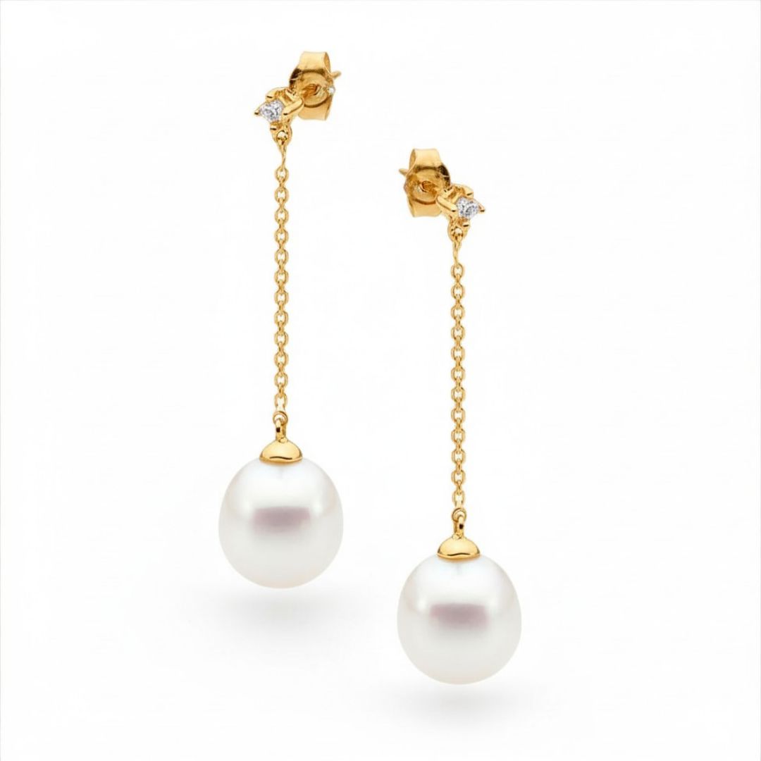 Gold chain earrings with pearl drops and diamond studs | Ikecho Australia