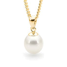 Gold necklace with a white drop pearl pendant on a white background | Ikecho Australia