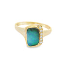 Gold ring with a green opal stone and small diamonds on a white background | Ikecho Australia