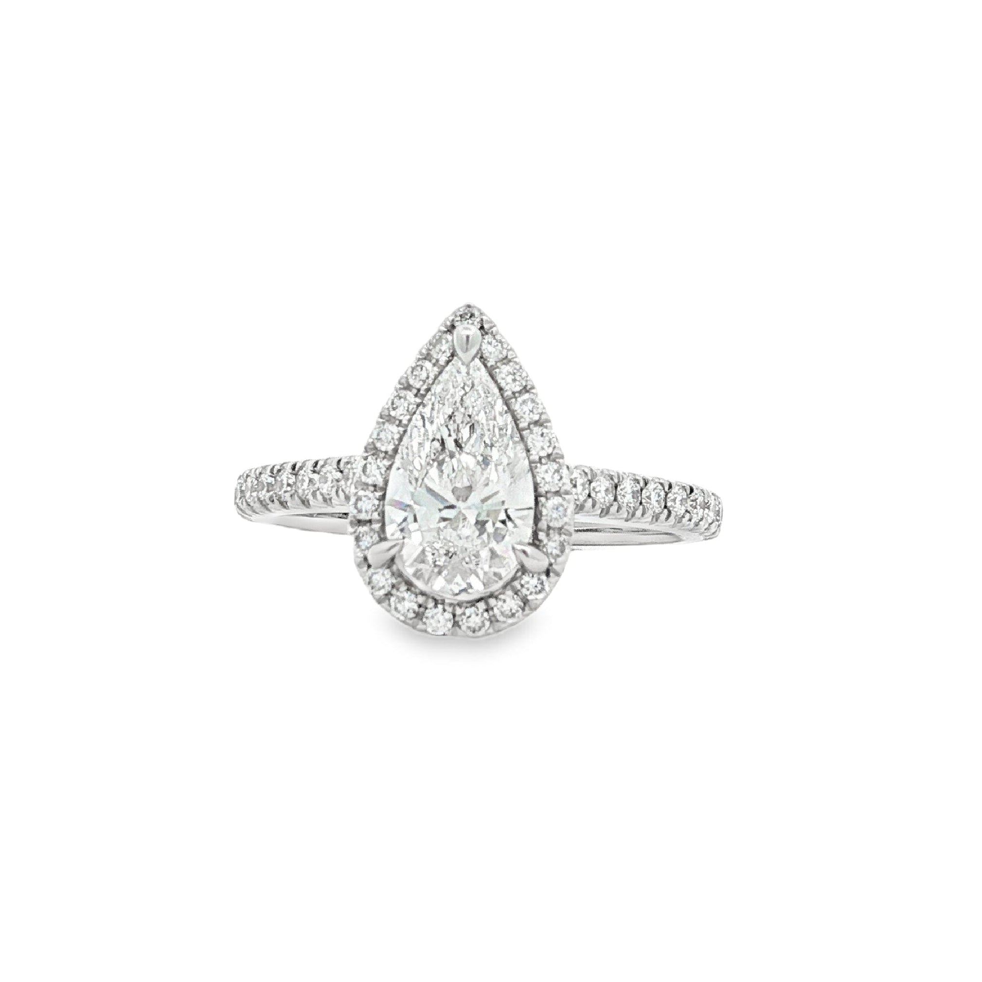 Lab-grown diamond ring with pear-shaped center stone on a white background | Ikecho Australia
